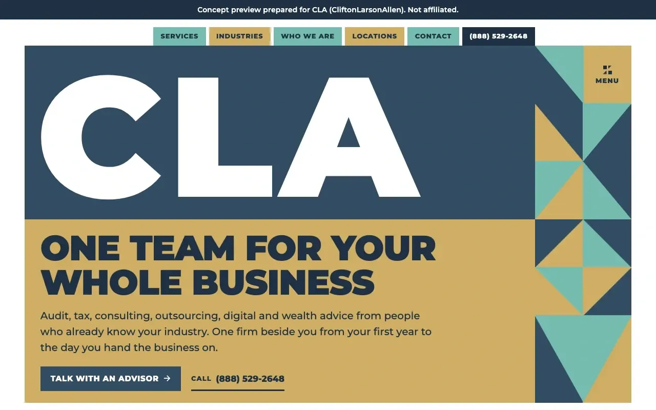 The Color Block home page: giant white CLA letters on a navy block beside a triangle pattern, above a gold headline band and colored service tiles.