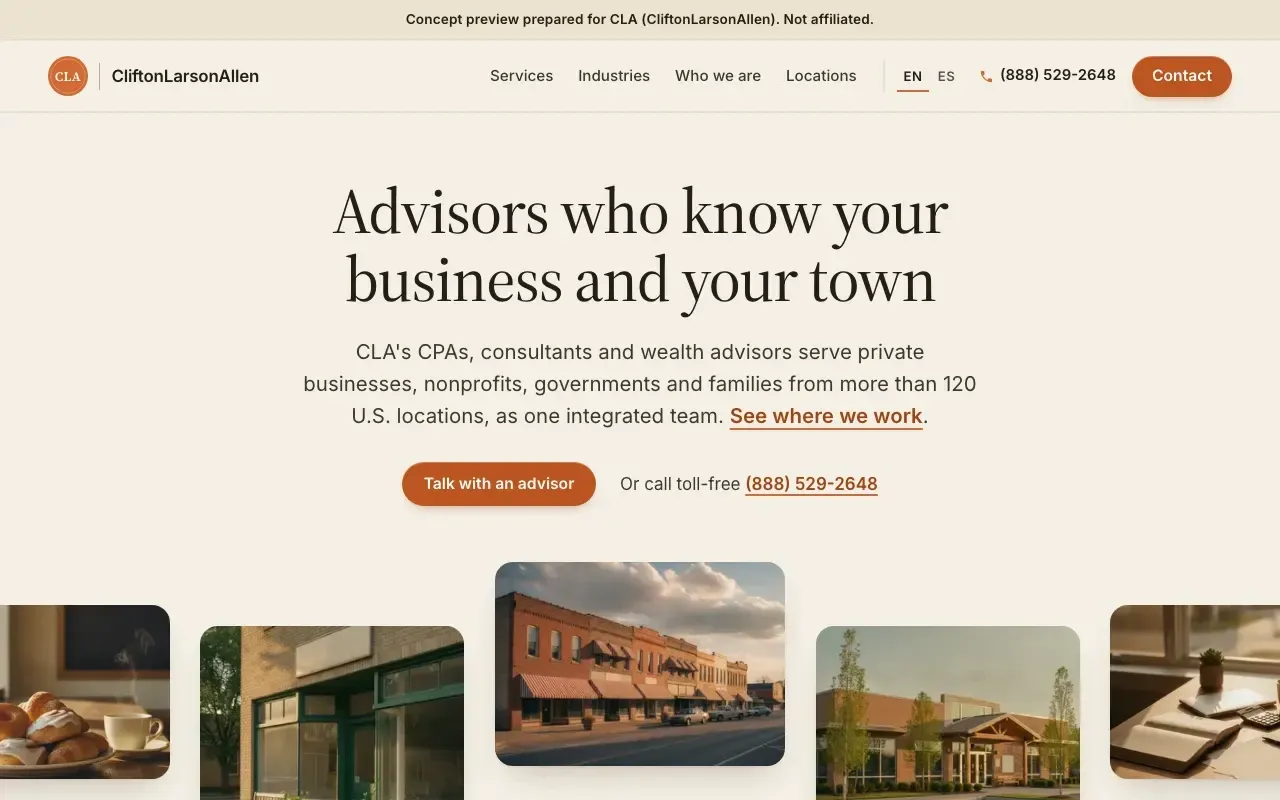 The Main Street home page: a centered serif headline on cream paper above a staggered row of rounded photo cards.