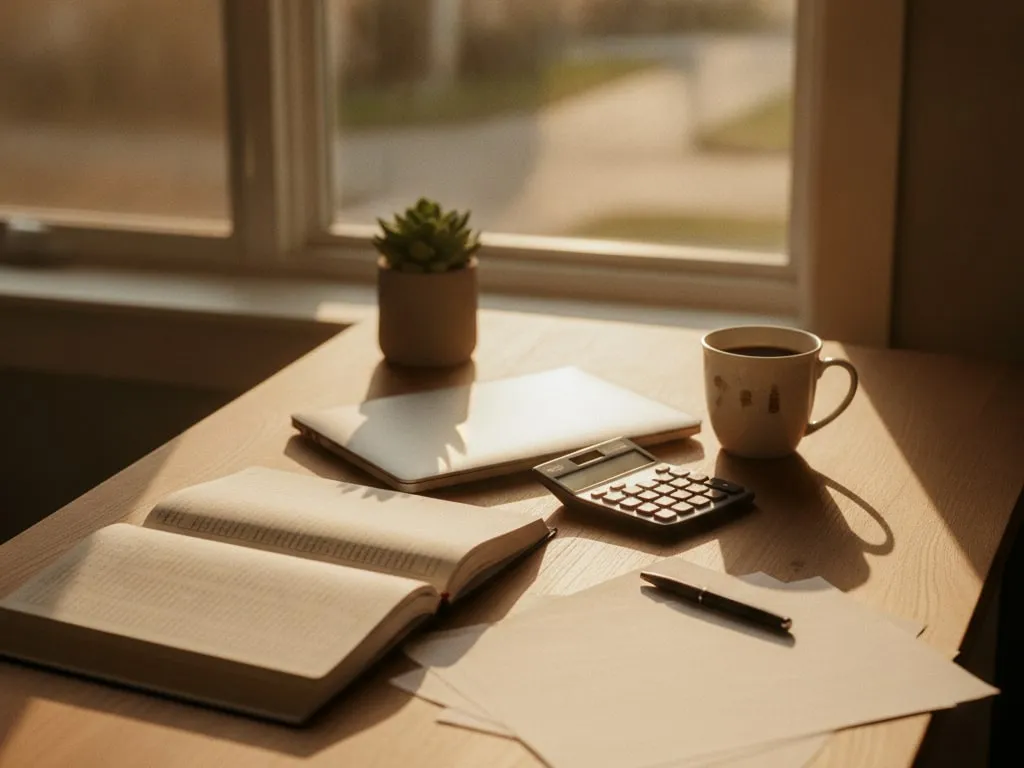 Sample Main Street photograph: an open ledger, a calculator and coffee on a sunlit desk.